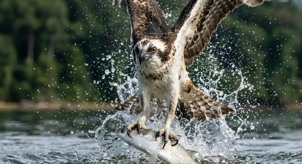 Ave em atividade de pesca, utilizando adaptações corporais para capturar presas em rios e lagos