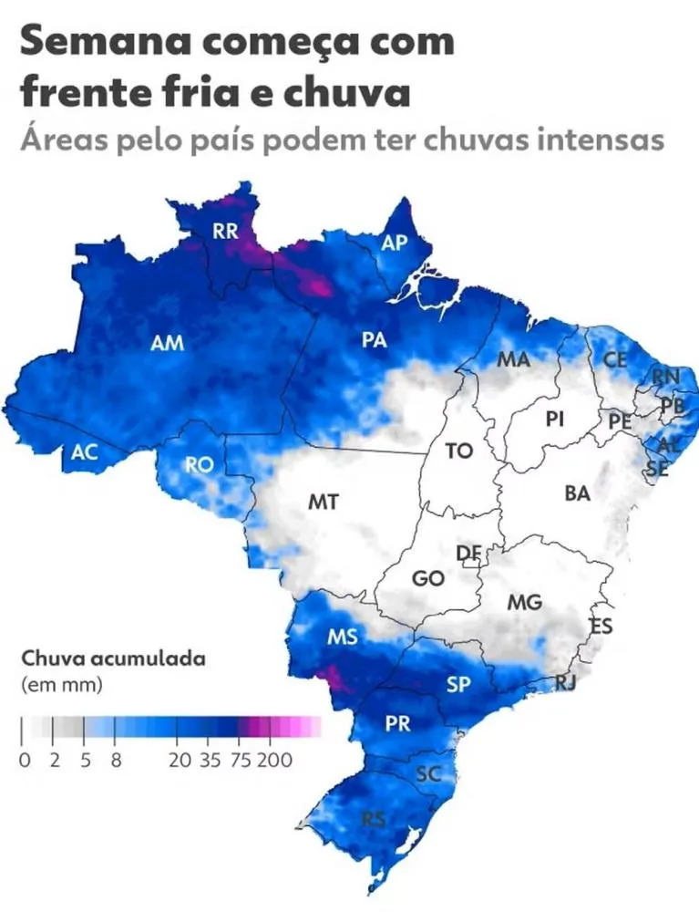 Frente fria avança e provoca chuvas intensas enquanto nova massa de ar frio mantém temperaturas baixas